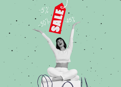 collage - hand holding sale sign, woman surrounded in shopping bags