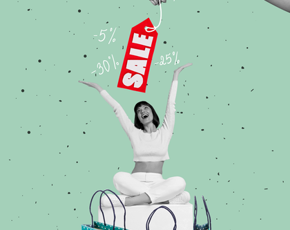 collage - hand holding sale sign, woman surrounded in shopping bags