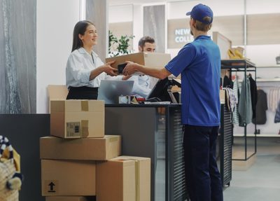 woman handing over package at shipping carrier counter