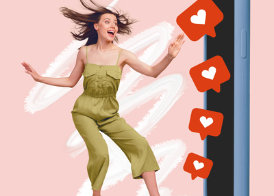 collage of woman and smartphone with hearts