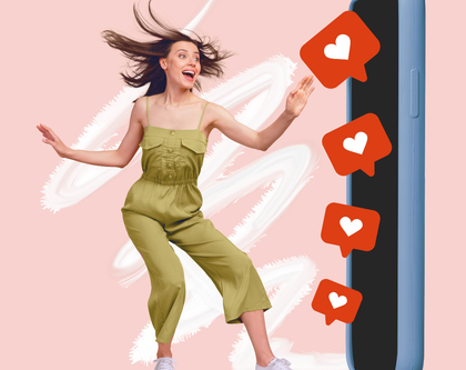 collage of woman and smartphone with hearts