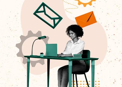 collage of a woman sitting at a computer desk, gear icons, envelopes and paper planes