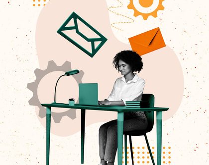 collage of a woman sitting at a computer desk, gear icons, envelopes and paper planes