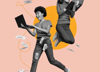 collage of two women jumping in the air with laptops in their arms and money flying