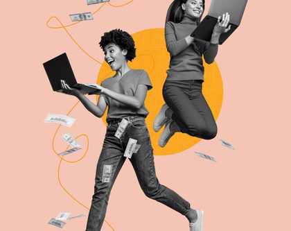 collage of two women jumping in the air with laptops in their arms and money flying