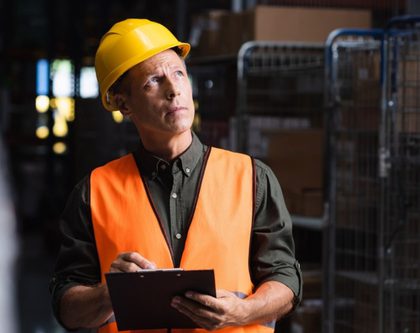warehouse worker with a clipboard looking at stock