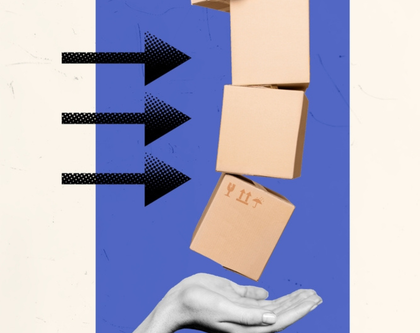 hand holding up 4 packaging stacked with arrows pointing