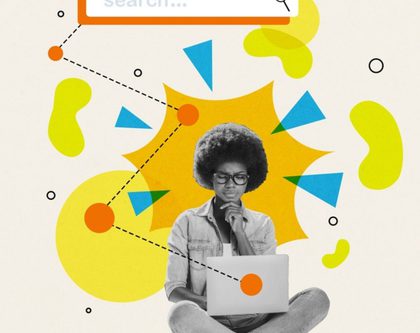 collage of woman sitting with laptop, search bar, and shapes