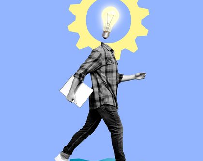 a man with a light bulb and gear icon on his head