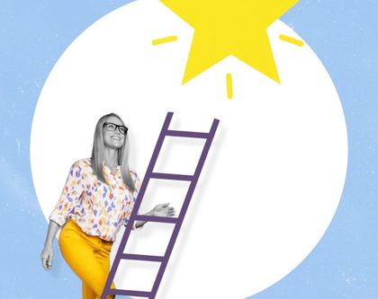 a woman climbs a ladder striving to touch a star above