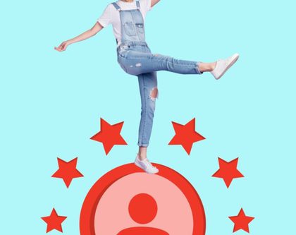 a woman stands confidently on a red circle adorned with five stars