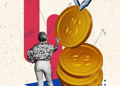 collage of a graph, woman standing, and hand holding coins