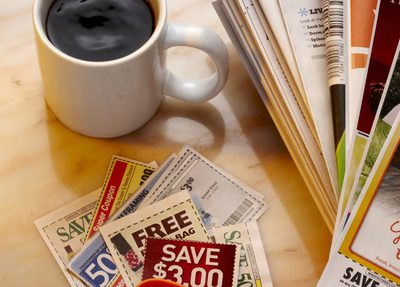 stack of coupons + cup of coffee on a table
