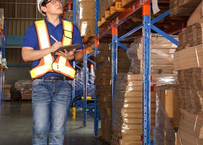 a man stands in a warehouse, holding a clipboard and reviewing inventory