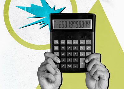 A collage image with hands holding a calculator with green and blue shapes in the background