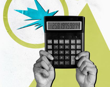 A collage image with hands holding a calculator with green and blue shapes in the background