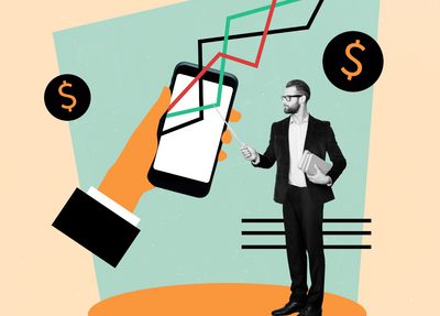 collage of a mobile phone with graphs, dollar signs, with a man holding books and pointing
