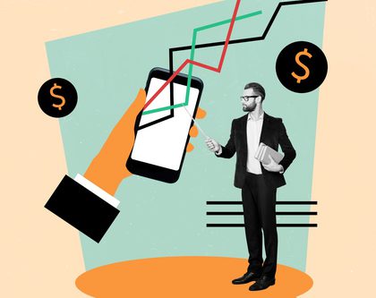 collage of a mobile phone with graphs, dollar signs, with a man holding books and pointing