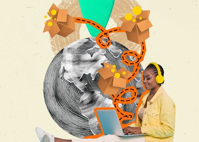 creative collage of woman on laptop, with globe in the background and cardboard boxes
