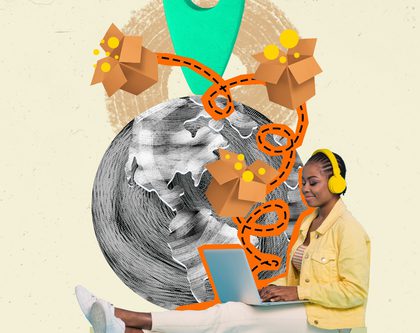 creative collage of woman on laptop, with globe in the background and cardboard boxes