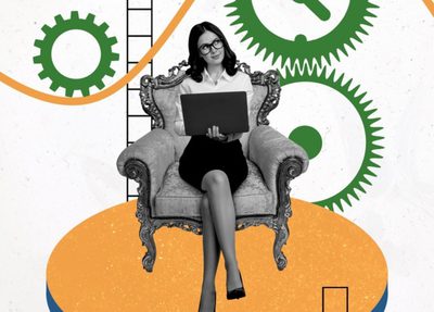a woman sitting in a chair, with gears and a clock in the background