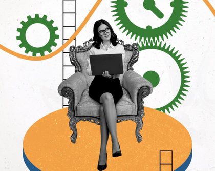 a woman sitting in a chair, with gears and a clock in the background