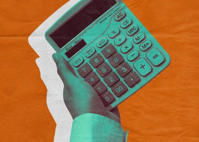 a hand holding a calculator against a vibrant orange background