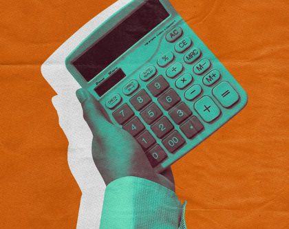 a hand holding a calculator against a vibrant orange background