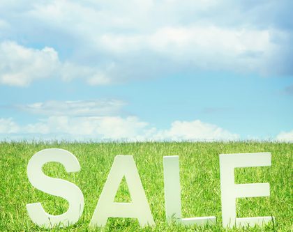 Spring sale letters on green grass with blue sky and white clouds