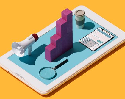 An illustration featuring a tablet, smartphone, and a business graph, symbolizing digital advertising