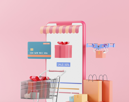 a shopping cart with shopping bags and a big mobile screen in the background with a discount sign