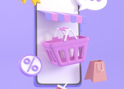 A mobile phone with a shopping basket and eCommerce symbols