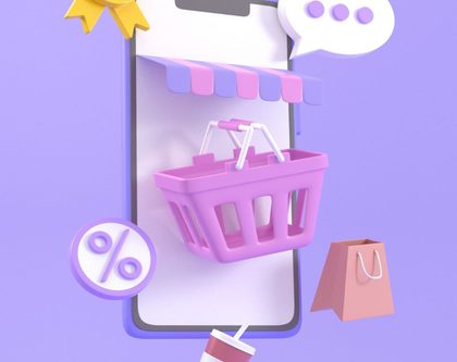 A mobile phone with a shopping basket and eCommerce symbols