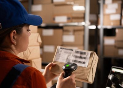 woman scans in a return in a warehouse setting