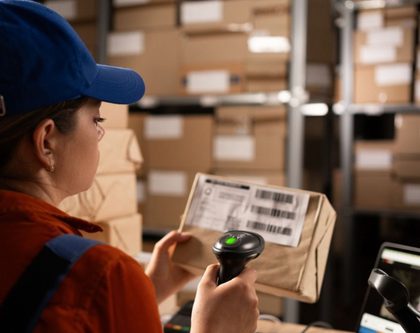 woman scans in a return in a warehouse setting