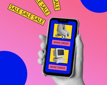 hand holds up a phone displaying an online shopping site