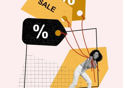 a woman holds a sale tag sign that reads 'sale'