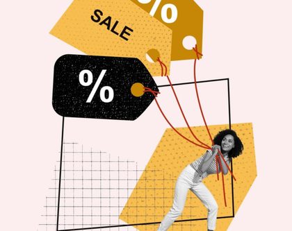 a woman holds a sale tag sign that reads 'sale'
