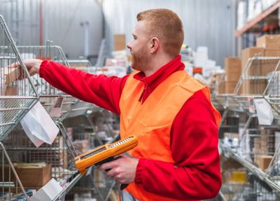 a man in a warehouse wears an orange vest and holds a clipboard