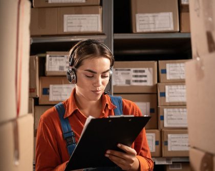 woman in a warehouse holds a clipboard