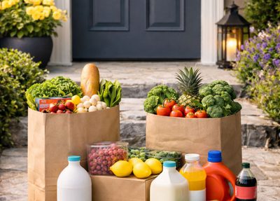 a groceries delivery of fresh product and household essentials sitting at a doorstep