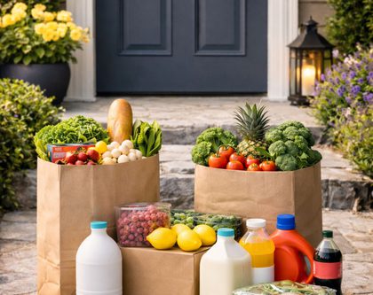 a groceries delivery of fresh product and household essentials sitting at a doorstep